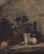 Jean Baptiste Simeon Chardin Silver wine bottle grapes peaches plums and pears oil painting artist